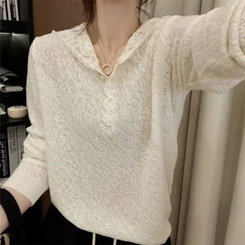 

Plus-Size Hooded Lace Embroidered Long-Sleeve Knit Top for Women, Early Spring 2026 French Korean Style Slim-Fit Base Layer Picture color 2XL