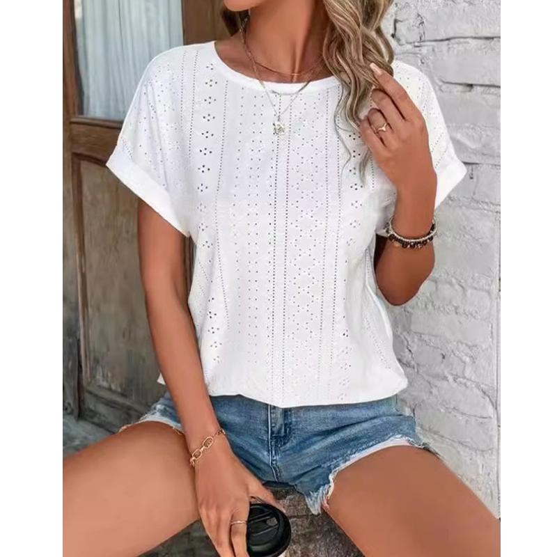 Fashion Casual Bat Short Sleeves Hollow Blouse Women O Neck Loose Summer T Shirts Female Office Tops Sweet Embroidery Solid Color Elegant Clothing