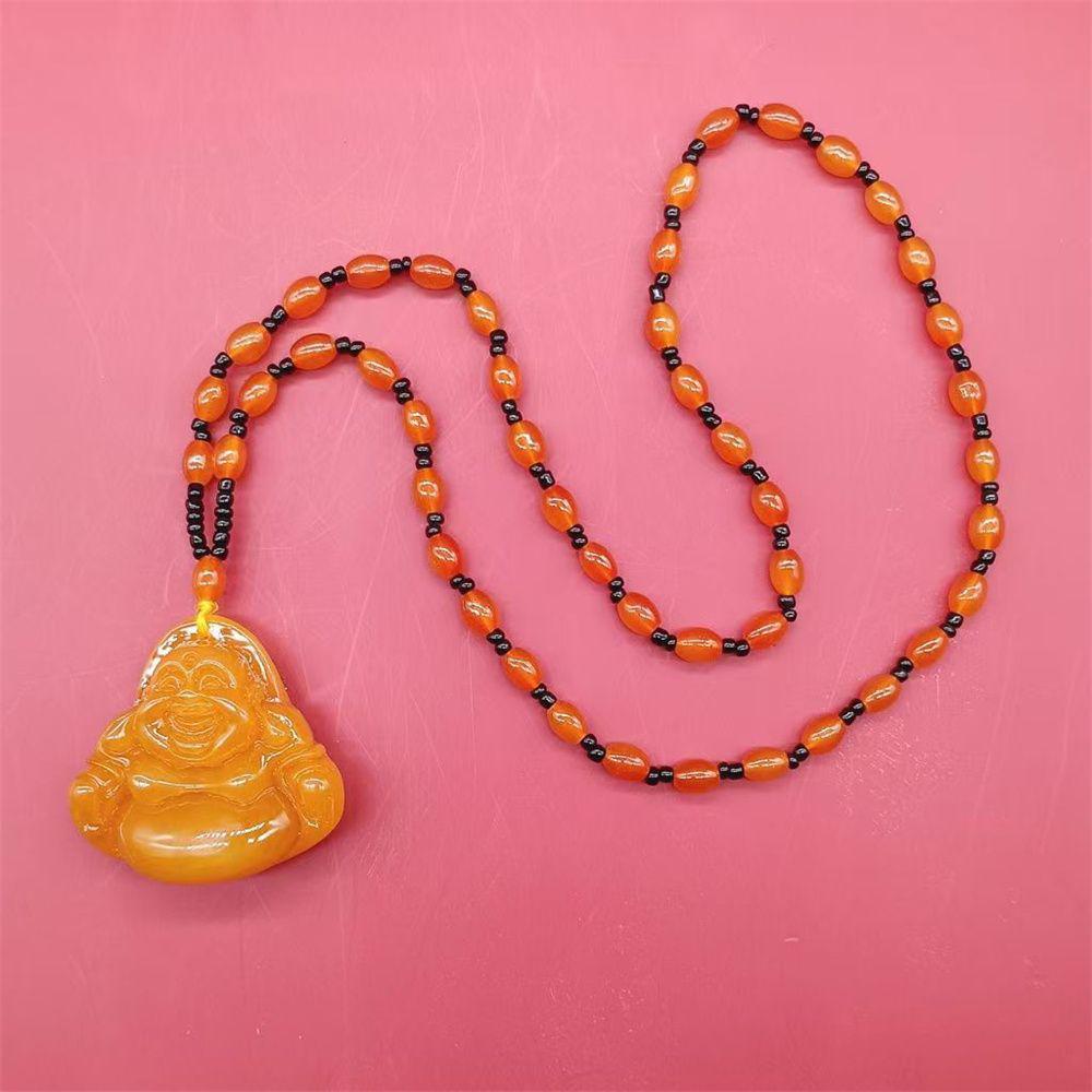 Orange Carved Maitreya Buddha Pendant Necklace - Women s Niche Style