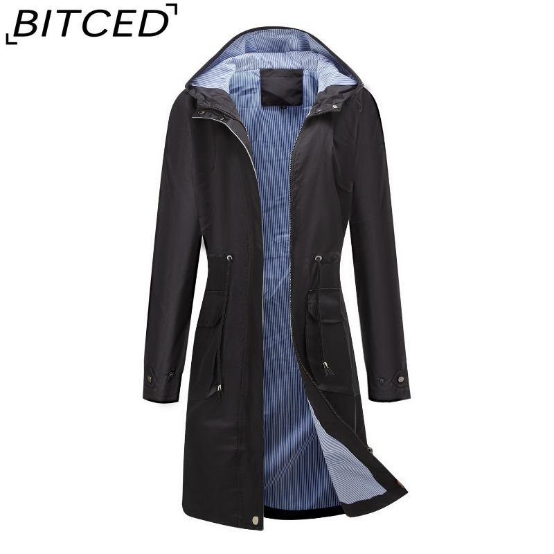 BITCED Spring/Fall Long-Sleeve Casual Trench Coat for Women Water-Resistant Hooded Solid-Color Top Striped Lining Straight-Cut Jacket