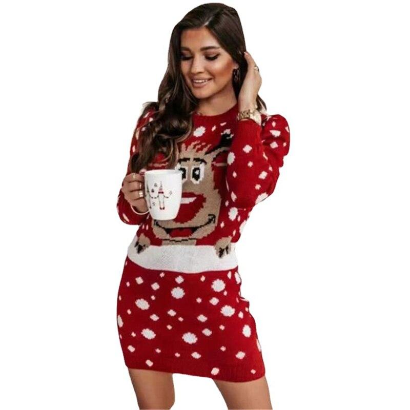 Damen Casual Weihnachten Print Langarm Bodycon Kleid, Slim Fit Sexy Kleid Strickkleider Neujahrskleidung Pulloverkleid