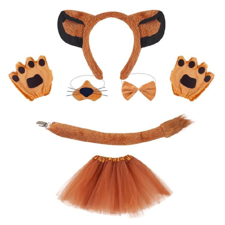 Set Cerchietto Capelli Leone Coda Peluche Naso Finto Orecchie Cane Fascia Gonna a Rete Marrone Set Cosplay Animali per Halloween