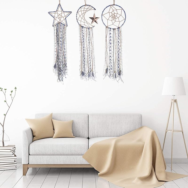 Jetec 3 Pieces Dream Catcher Moon Sun Blue Handmade Modern Dreamcatcher for Wall Hanging Home Decoration белый