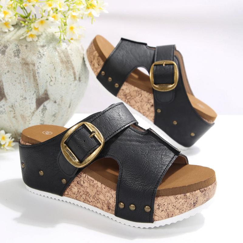 Summer new large size thick-soled wedge sandals large belt buckle decorative European and American style sandals 36