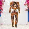 Women Plus Size Round Neck Long Sleeve Cat Printed Cuffed Top And Pants Two Piece Set