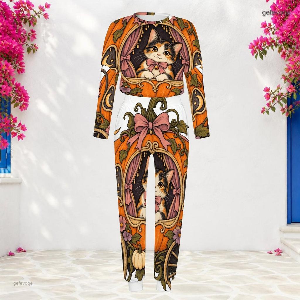 Women Plus Size Round Neck Long Sleeve Cat Printed Cuffed Top And Pants Two Piece Set