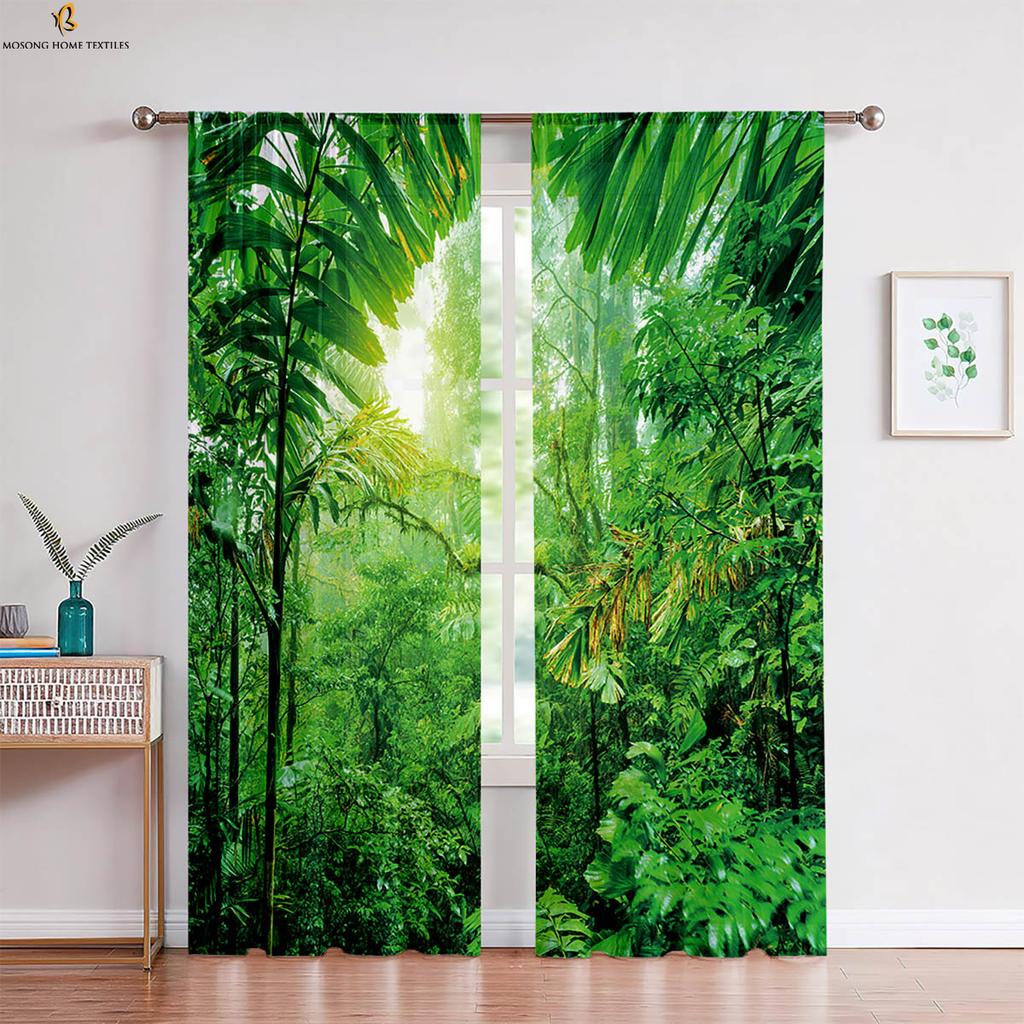 2pcs Tropical Vegetation Leaves 3D Printed Curtain Rod Pocket Machine Washable Bedroom Living Room Kitchen Decorative Curtains