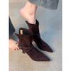 Fashion High Heel Back Zipper Women's Scrub Belt Buckle Pointed Toe Temperament Booties Vintage Slim Follower Single Boots