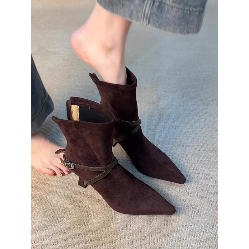 Fashion High Heel Back Zipper Women's Scrub Belt Buckle Pointed Toe Temperament Booties Vintage Slim Follower Single Boots