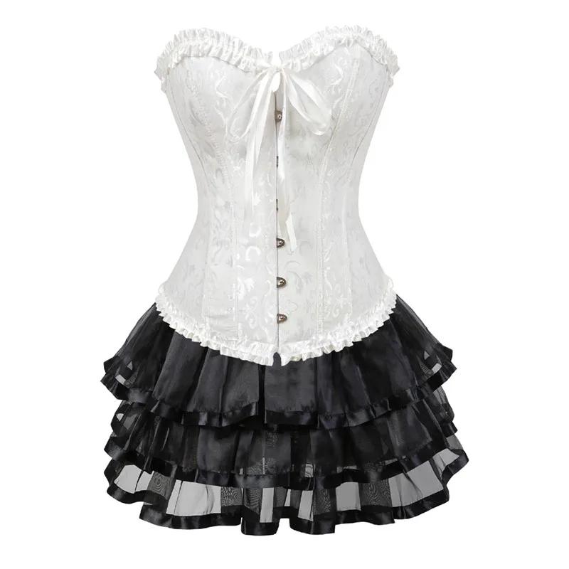 Set Gonna con Corsetto per Donna Tutù Festa Bustier Costume Sexy Allacciato Vintage Corseletto Abbigliamento Nero