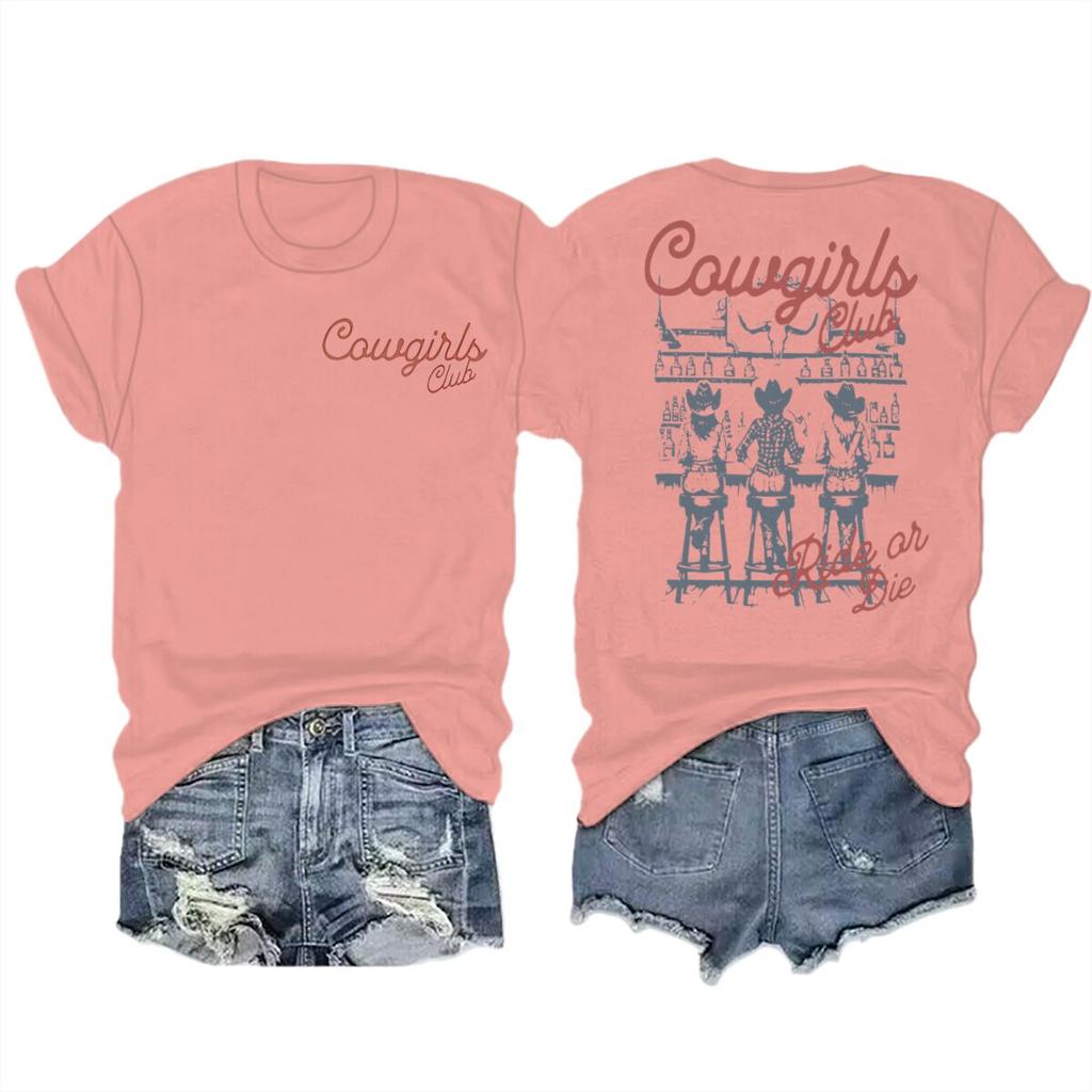 Unisexs Western Cowgirl Club Graphic Tee Casual Crew Neck Short Sleeve Tshirt With Cowgirl Letter Design Streetwear Female Tops
