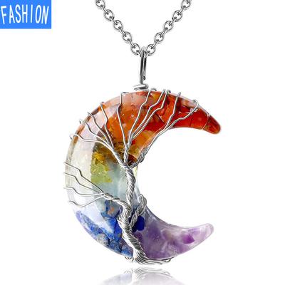 7 Chakra Tree of Life Moon Pendant Wire Wrapped Healing Crystal Natural Resin Reiki Necklace