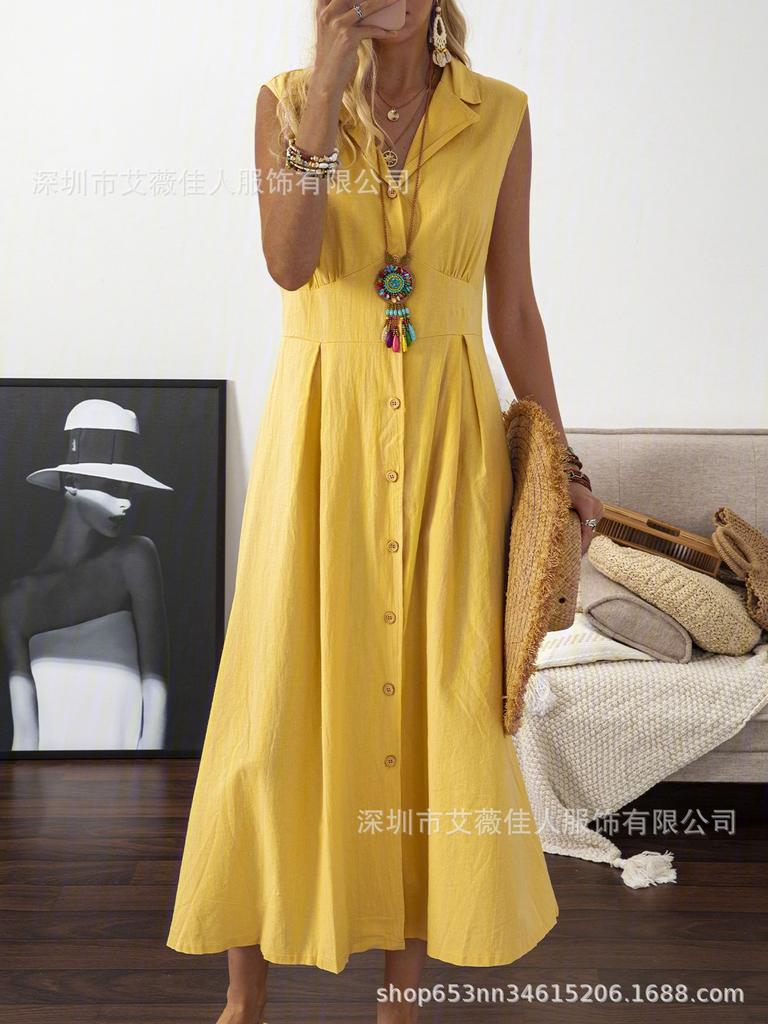 Women's long dress, suit collar, solid color button-down sleeveless swing dress