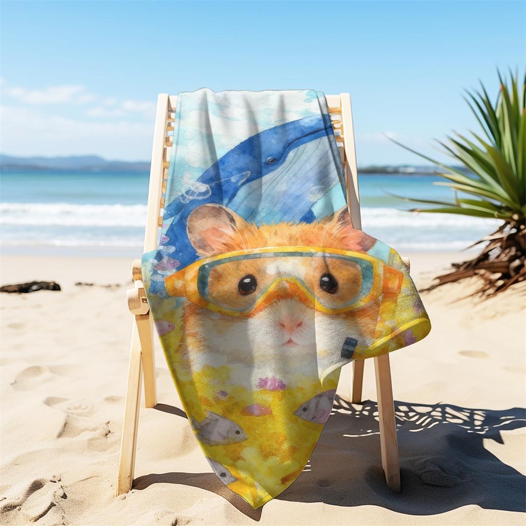 Watercolor Cute Diving Hamster Bath Towel | Quick Drying, Water Absorbent,Polyester Microfiber, Suitable for Beach and Pool Use