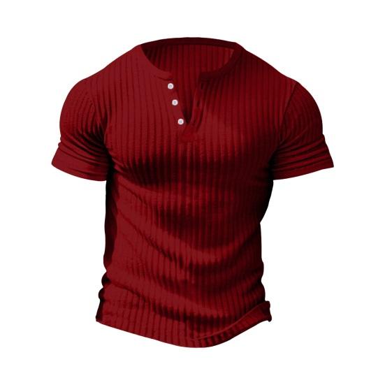 Men T-shirt Short Sleeves Slim Thin Solid Buttoned Color Stretchy Fit V Neck Pullover Thread Sport Fitness Top