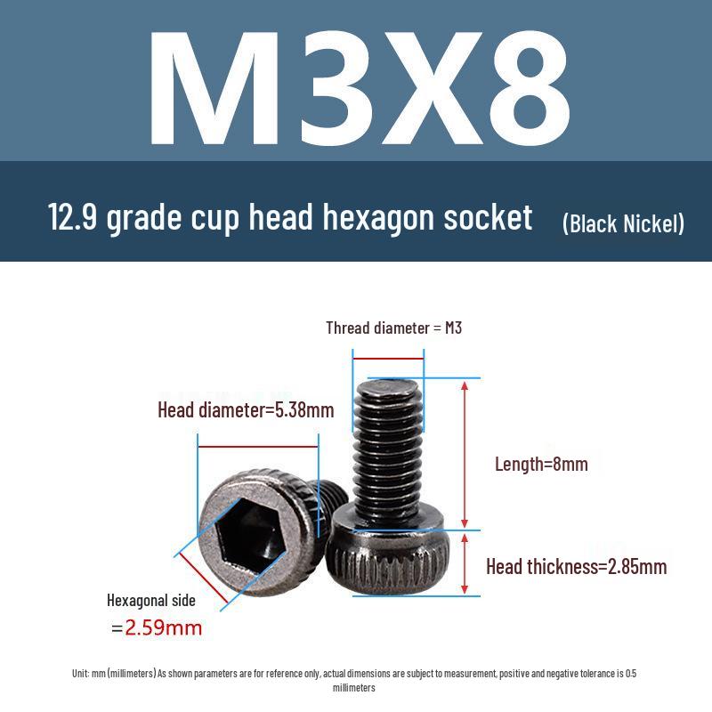 Yigu High-Strength Black Nickel Hex Socket Screw, M1.6-M4, Knurled Cup Head Bolt, 12.9 Grade.