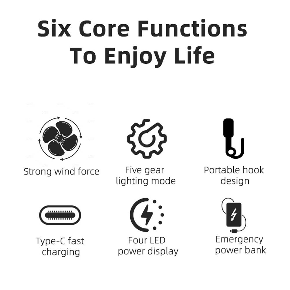 Ventilator de camping multifuncțional Lumină portabilă în aer liber Reîncărcare rapidă Lumină manuală Ventilator electric pentru