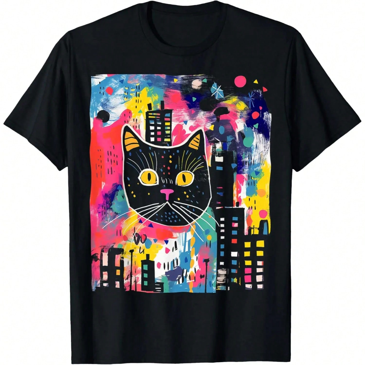 Cat Colorful Abstract Funny Animal Art Graphic Cat T-Shirt S