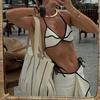 Women's Swimsuit Color-blocked Halter Neck Ruffle Slit Skirt Bikini Three-piece Set Beachwear Bathing Suits