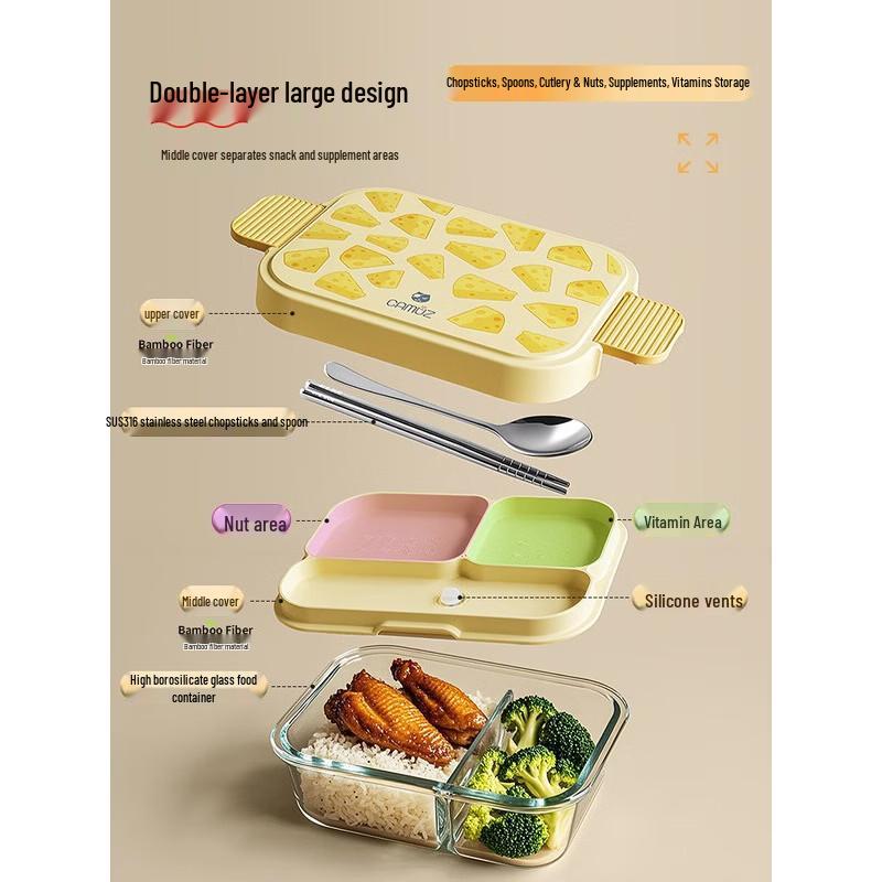 CAMUZ 1000ml 3-Compartment Glass Lunch Box with Cutlery