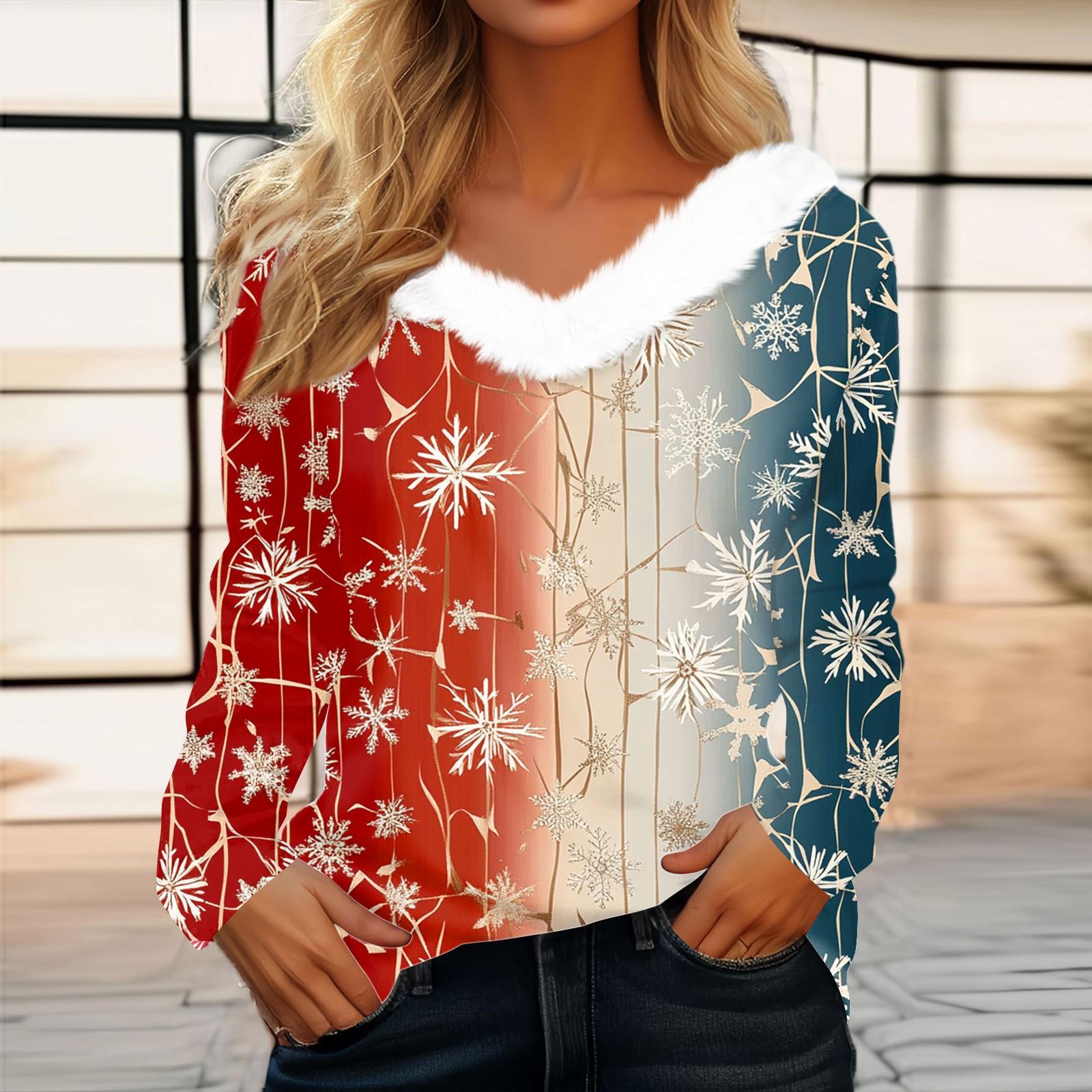 

Женский длинный рукав рождественский принт вечеринка плюшевый воротник широкий повседневный V-образный вырез топ L киноварь
