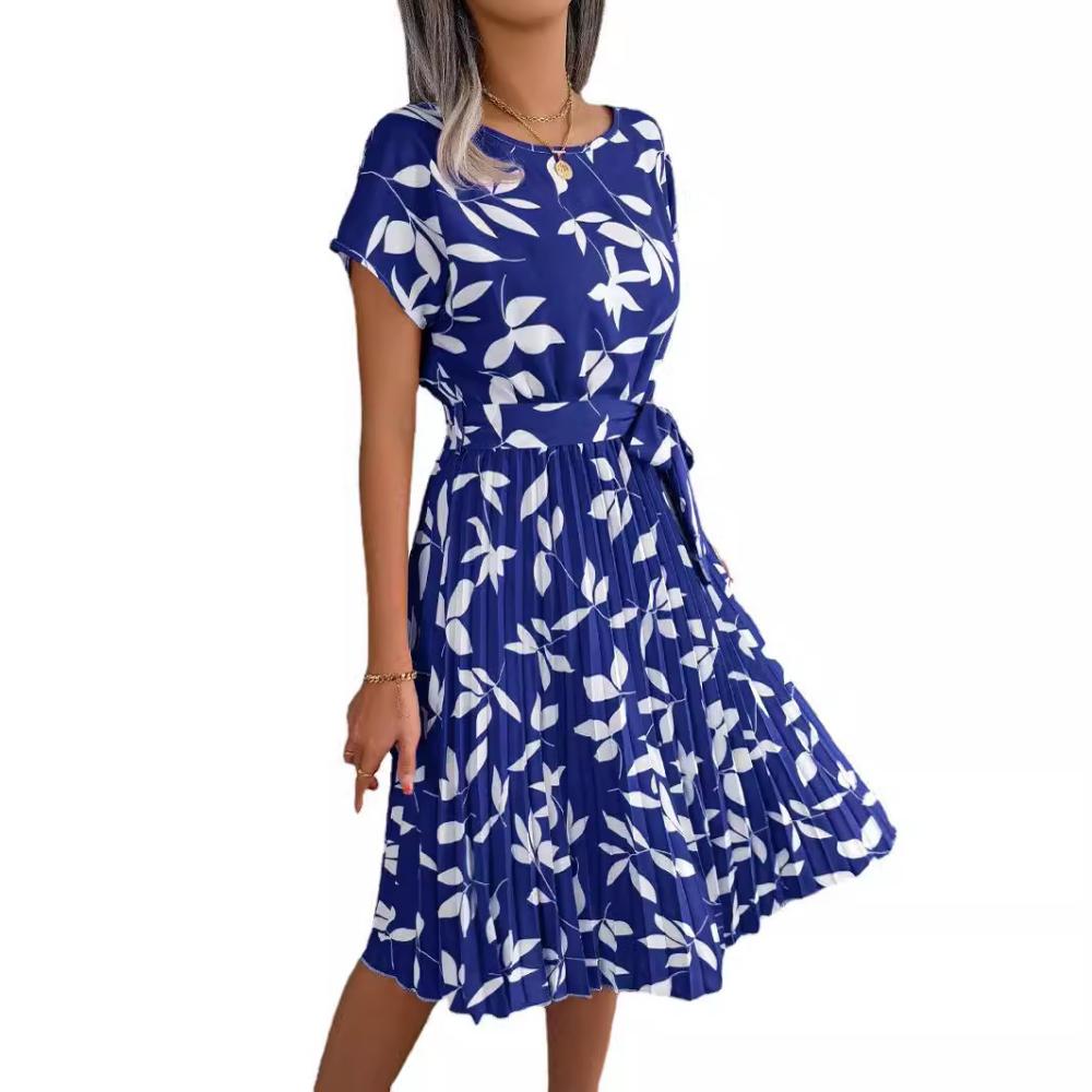 Ins Spring and Summer Casual Short Sleeved Pleated Dress Women's Fashion Versatile Trendy Commuting