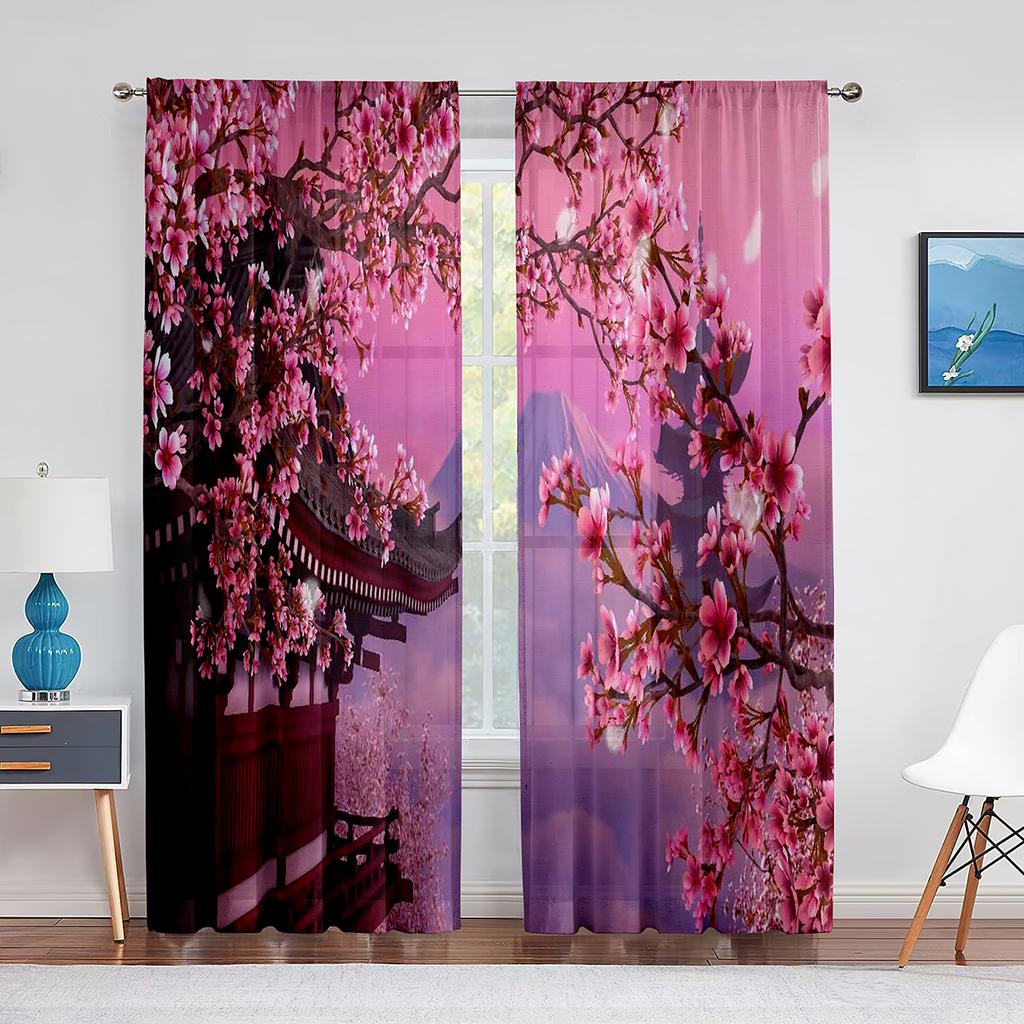 Cherry Blossom Flowers Pink Floral Tulle Curtains for Living Room Bedroom Decoration Modern Chiffon Sheer Voile Kitchen Curtain