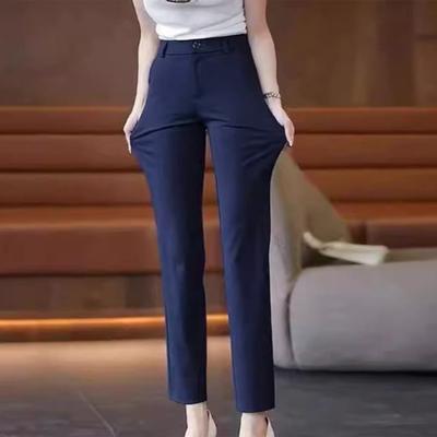 Suit Pants High Waist Button Zipper Fly Office Lady Trousers with Pockets Solid