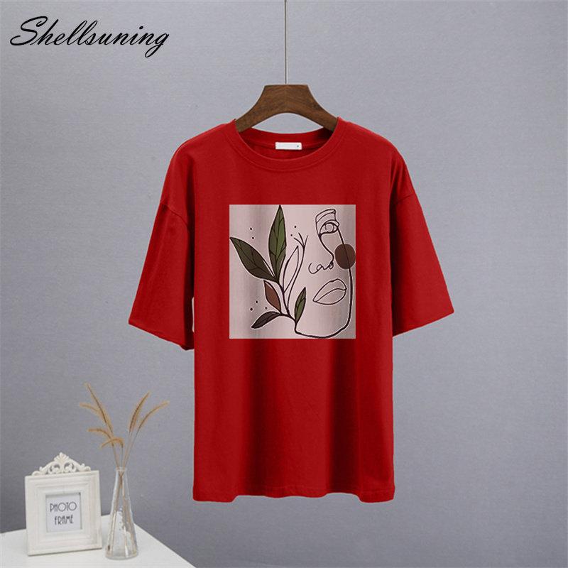 Shellsuning Abstract Character Graphic T Shirts Women Summer Soft Cotton Short Sleeve Tees Female Harajuku Chic Streetwear Tops