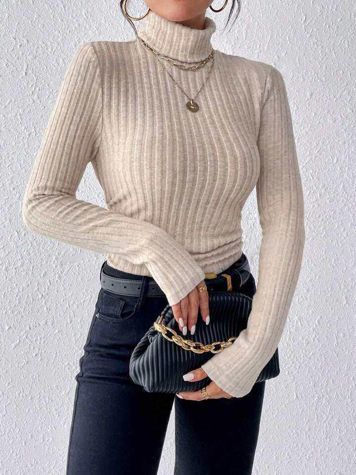 

2025 Autumn/Winter Women s Solid Color High Neck Long Sleeve Ribbed Knit T-shirt XL хаки