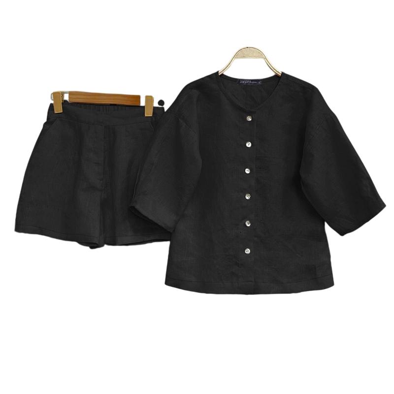 

ZANZEA Women Short Sleeve Blouse and Shirts Casual Cotton Suit Sets L