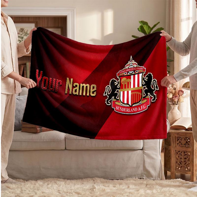 Sunderland FC Personalized Fleece Blanket With Football Logo, Custom Name Text Soft Warm Home Throw Blanket
