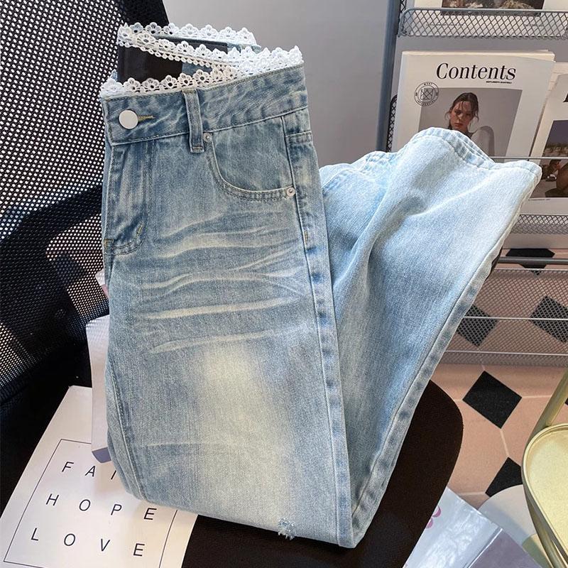 

Кружевные вставки Джинсы с высокой талией и дырками Женские Винтажный стиль Повседневные Подходят ко всему Женские брюки Узкие джинсы XL синий