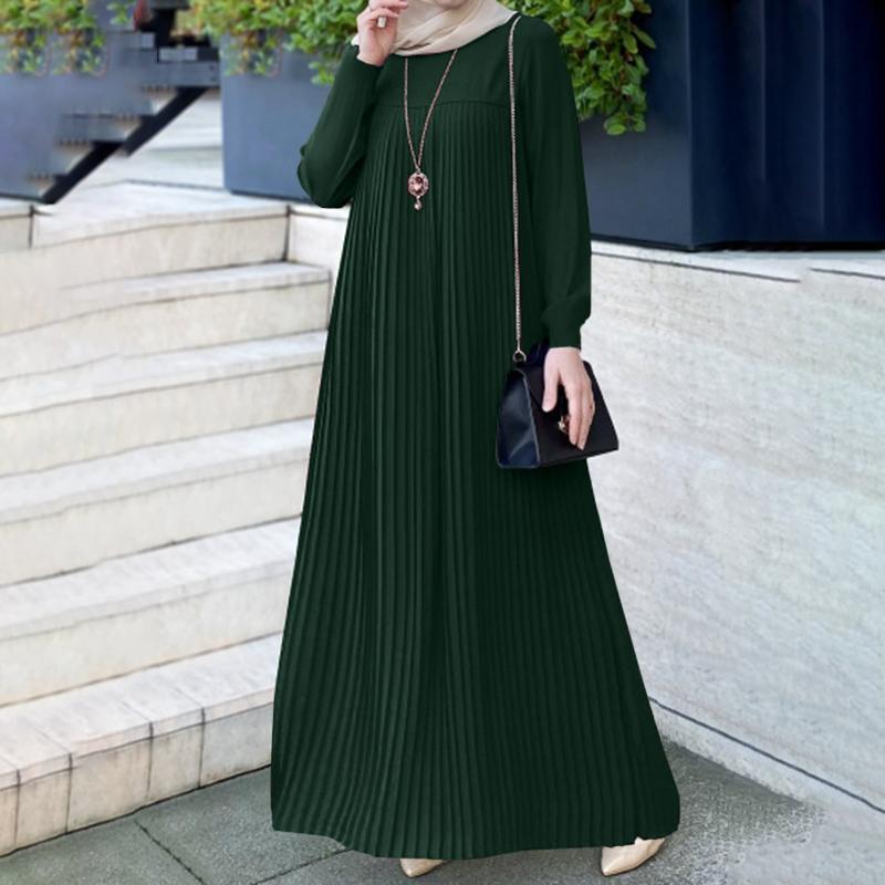 Elegant Muslim Women's Pleated Dress - Solid Color, Round Neck, Long Sleeve