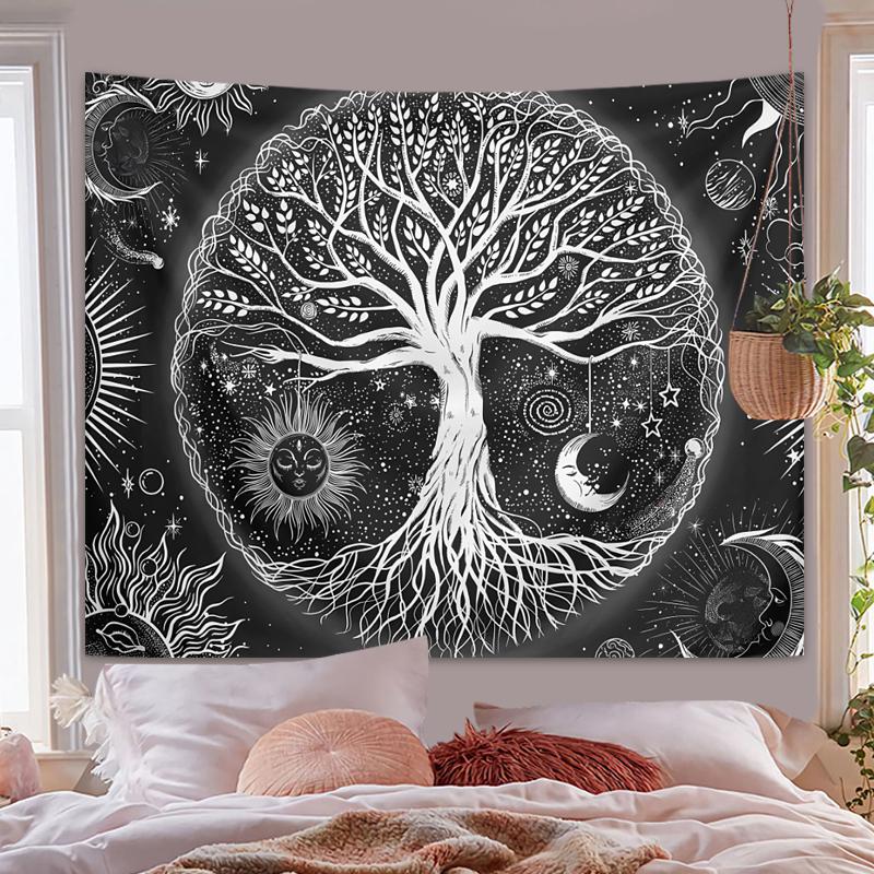 1pc Tree of Life Tapestry Wall Hanging, Aesthetic Galaxy Sun Moon Starry Sky Tapestry, Home Living Room Bedroom Decoration