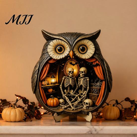 Wooden Halloween Figurine Owl Tabletop Centerpiece, 2D Flat Pumpkin Ghost Bat with Ghosts Decoration Skeleton Standing Table Sign for Party,