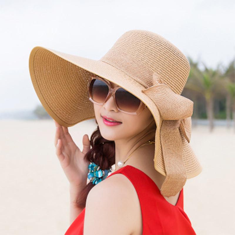 Summer Women Big Brim Straw Bow Hat Sun Fashion Wide Brim Floppy Panama Cap Outdoor Foldable Uv Protect Travel Femme Beach Hats