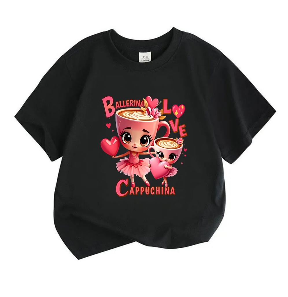 Kids Boys Girls 100% Cotton Crew Neck Short Sleeve T-Shirt, Cute Cappuccino Cup Ballerina Love Heart Print Casual Soft Tee for Daily Wear