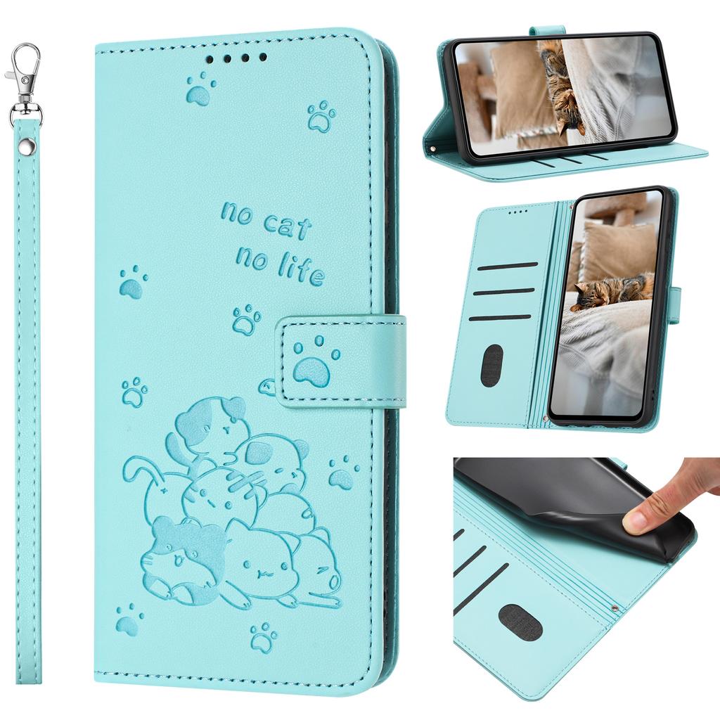 Hellgrüne verspielte Katze-Themen Leder-Brieftasche Ständerfunktion Handyhülle für iPhone Samsung Huawei Honor Xiaomi Redmi Oppo Infinix Tecno Google...