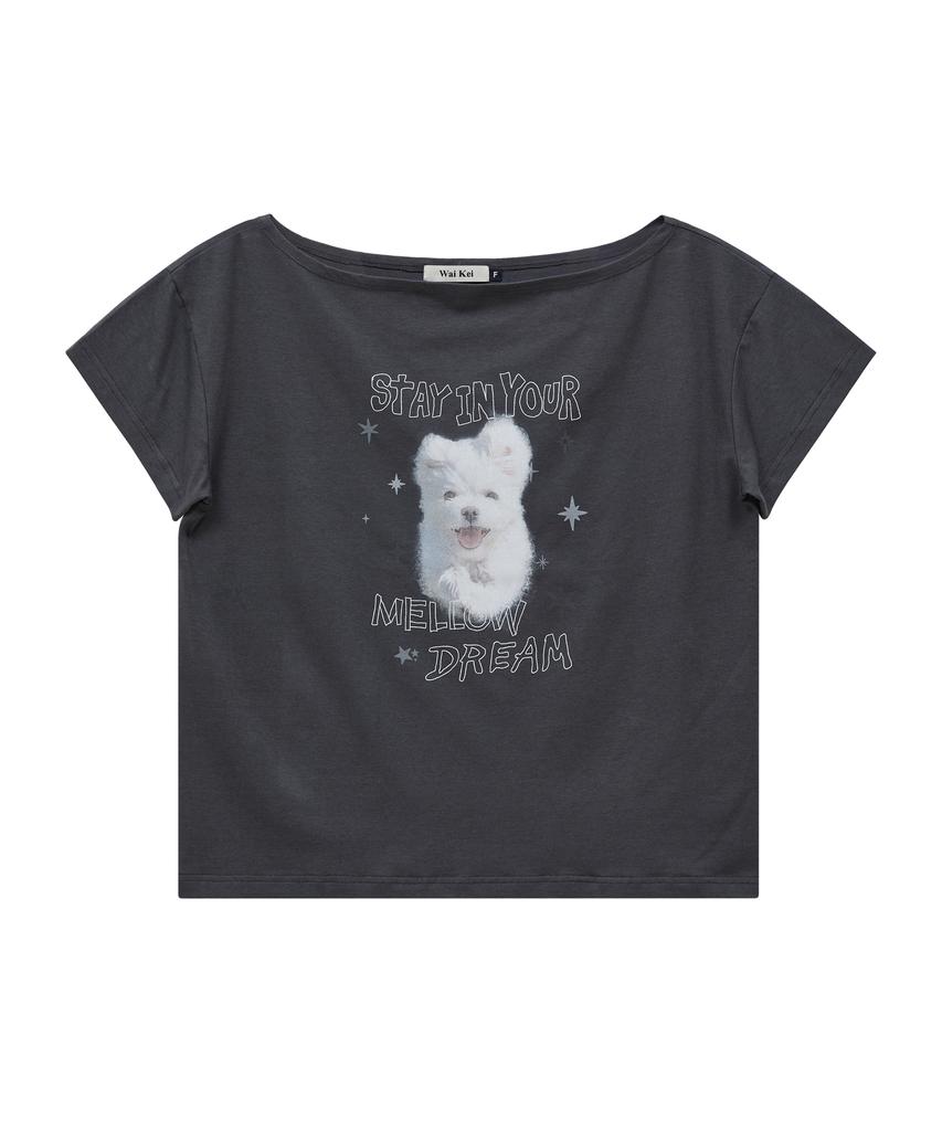 WAIKEI Mellow Dream Cloud Off-Shoulder Short-Sleeve T-Shirt Charcoal