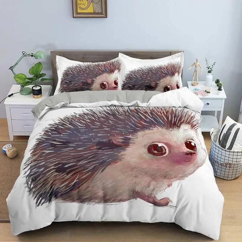 Hedgehog Duvet Cover Set 3D Cartoon Hedgehog Flower 2/3Pcs Bedding Set Kids Boys Girls Animal Queen Size Polyester Quilt Cover