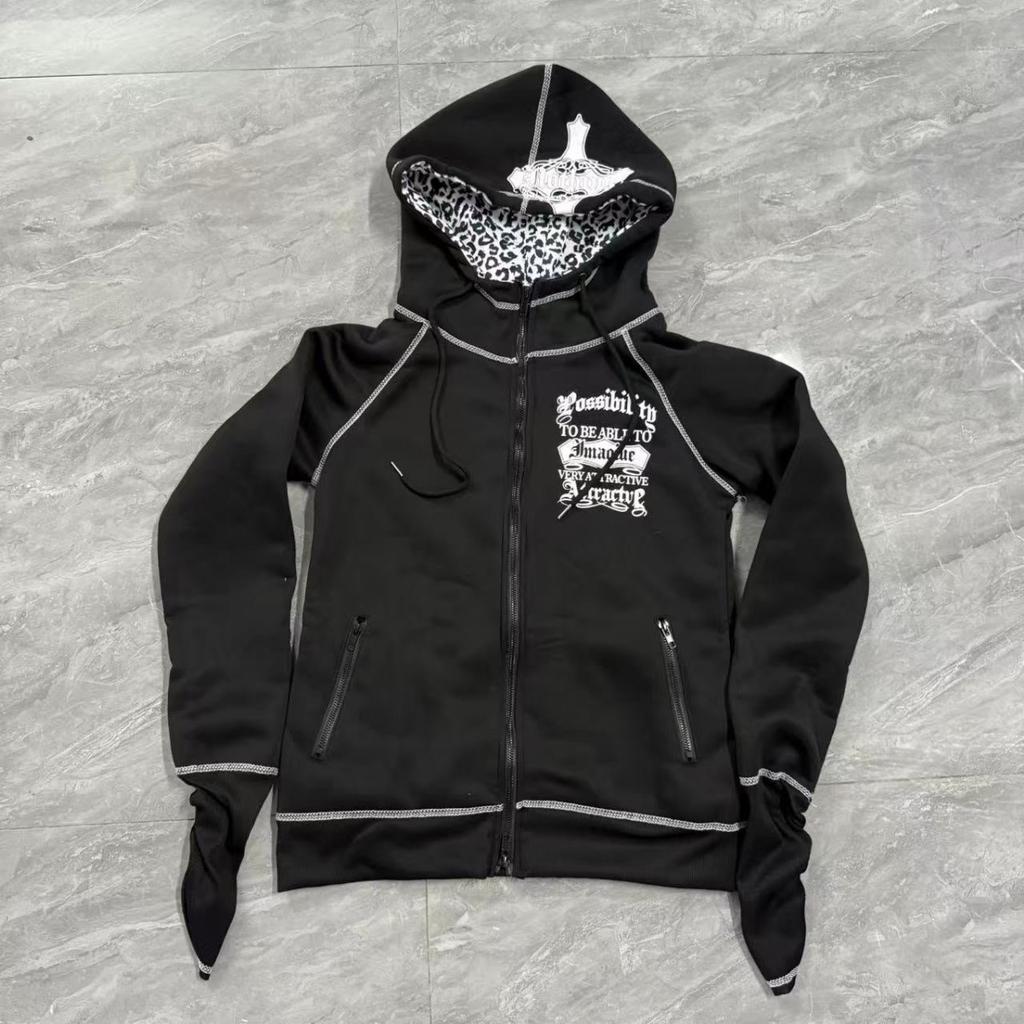 Gothic Punk Leopard Print Hoodie Harajuku Retro Slim Fit Spicy Girl Multifunctional Zipper Hoodie Hip Hop Fashion Sportswear