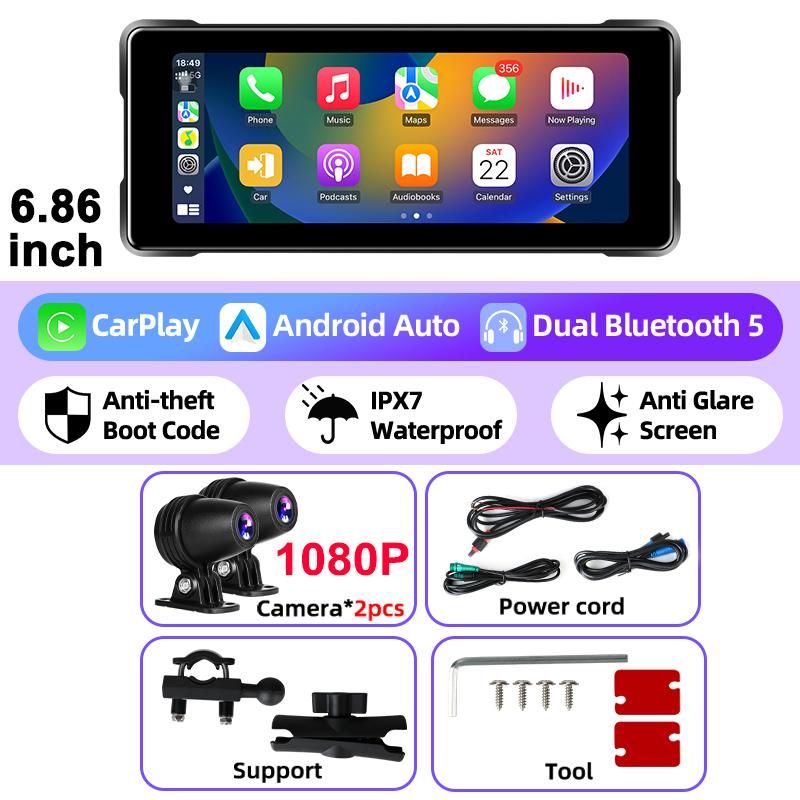 Nowy 6,8-calowy motocyklowy odtwarzacz multimedialny GPS Nawigacja Rejestrator DVR Bezprzewodowy CarPlay Android Auto IP67 Wodoodporny Moto Bluetooth