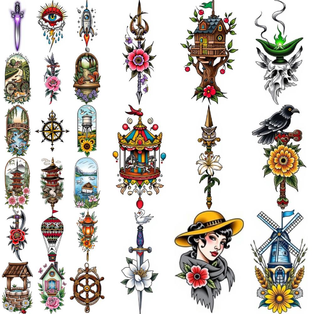 28pcs Temporary Tattoo New School Traditional Landscape Tattoo Skull And Flame Tattoo Hot Air Balloon Tattoo For Chest Women