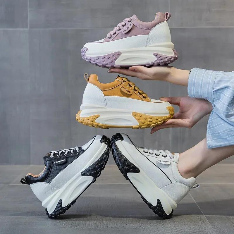 Mode 7CM Echtes Leder Plateau Keilabsatz Mode Damen Frühling Gut sitzend Herbst Klobige Sneakers Schuhe Atmungsaktiv Gemischte Farbe Winter