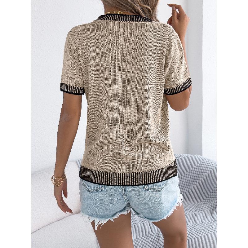 2026 Spring/Summer Casual Color-Block Striped Pocket Short-Sleeve Women's Versatile Knit Sweater