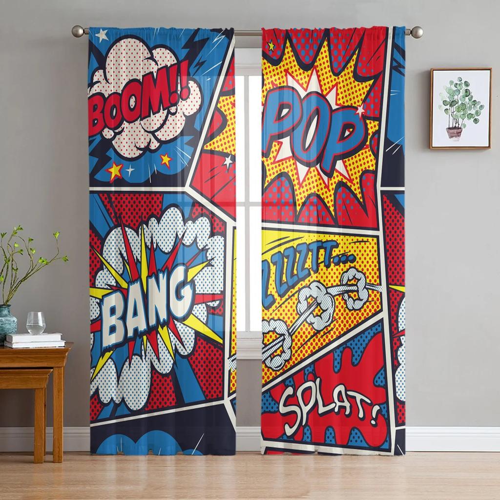 Dialog Box Explosion Tulle Curtains for Living Room Print Sheer Voile Curtain Bedroom Window Screening Drapes Blinds Home Decor