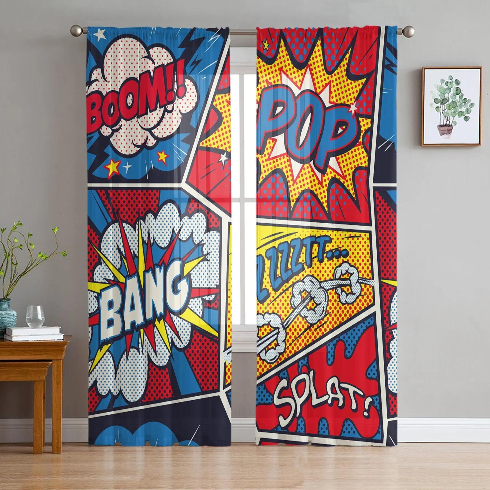 

Dialog Box Explosion Netting Curtains for Living Room Print Sheer Sheer Fabric Curtain Bedroom Window Screening Drapes Blinds Home Decor W135 x H115cm x1&Rod Pocket
