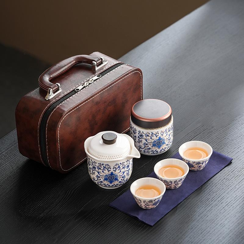 High-end outdoor tea set Guochao entangled branch lotus business express guest cup suet jade travel set fixed printing gift