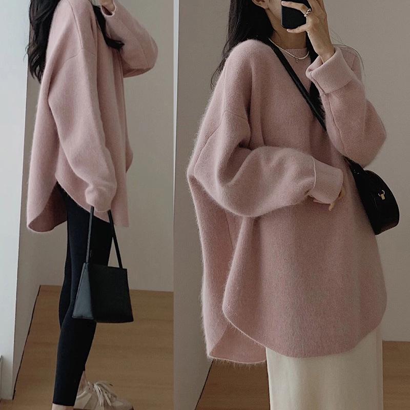 Autumn/Winter Women's Mid-Length French Style Red Sweater - Soft Waxy Knit, Round Neck